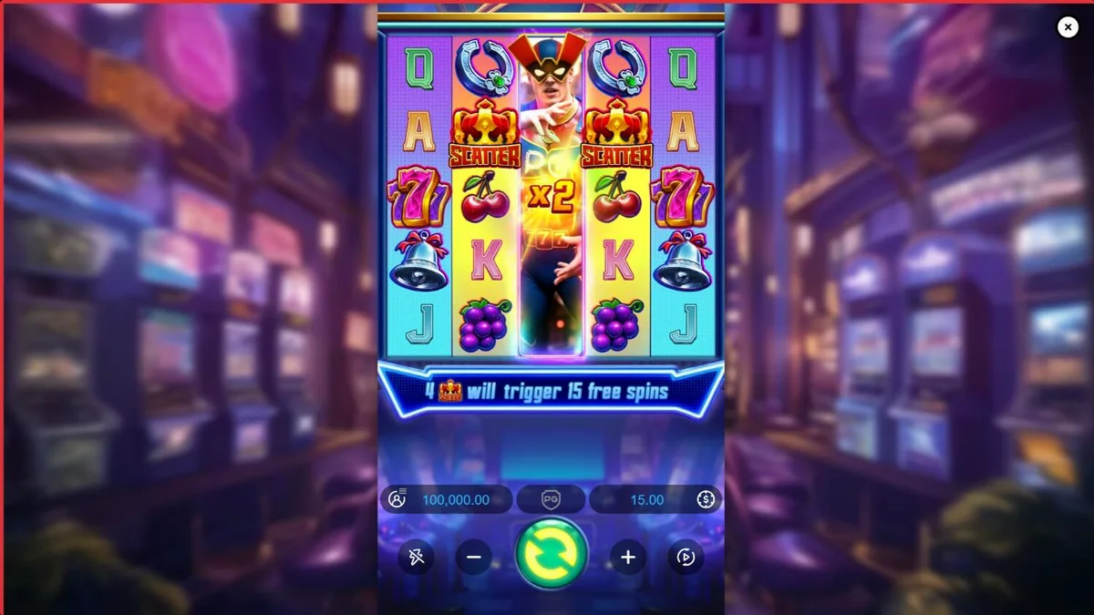 Interface vibrante e neon do caça-níqueis Super Wildrix com elementos de super-heróis