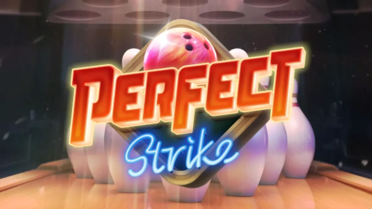 Interface do jogo de slot Perfect Strike com tema de boliche neon